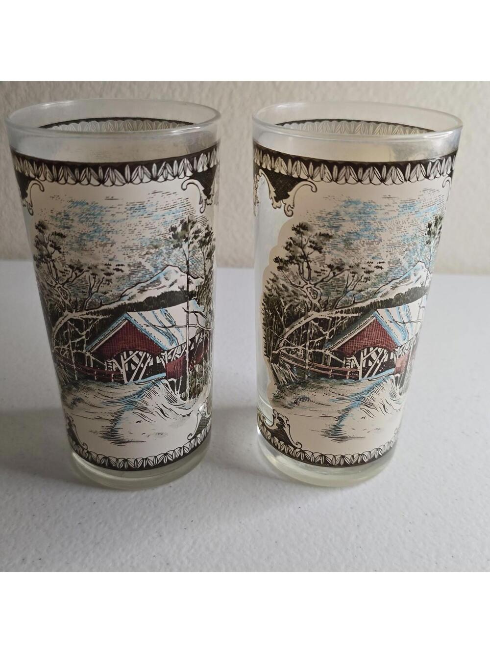 1970s Winter Cabin Fever, Rustic Style Set of Two Glasses 5.5"